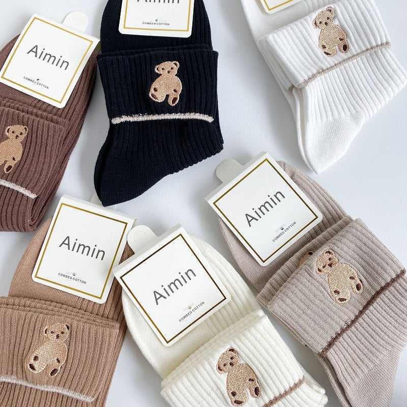 6 Pairs Women's Bear Embroidery Crew Socks