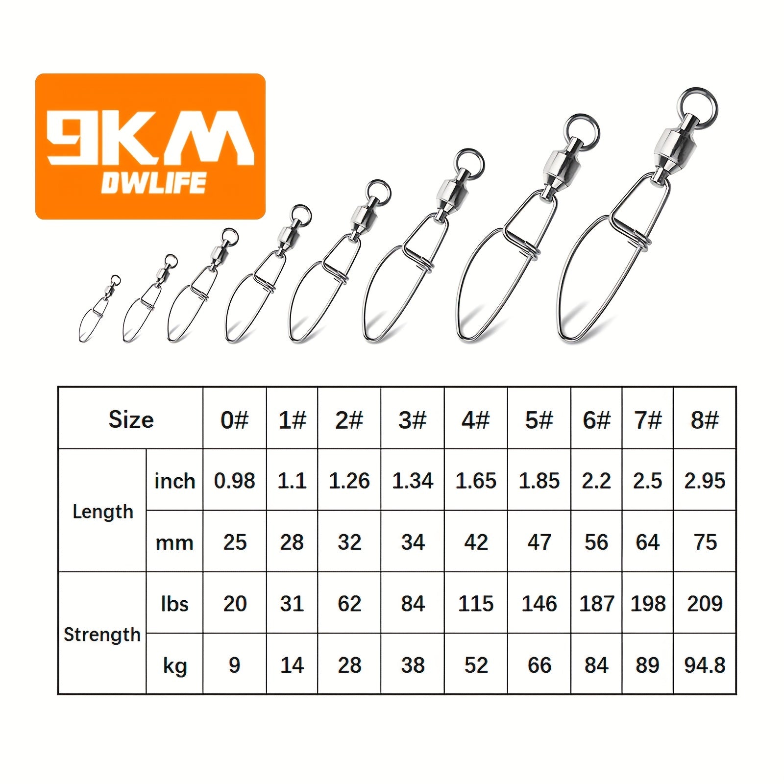9KM Heavy Duty Fishing Swivels Stainless Steel Ball Bearing Swivels