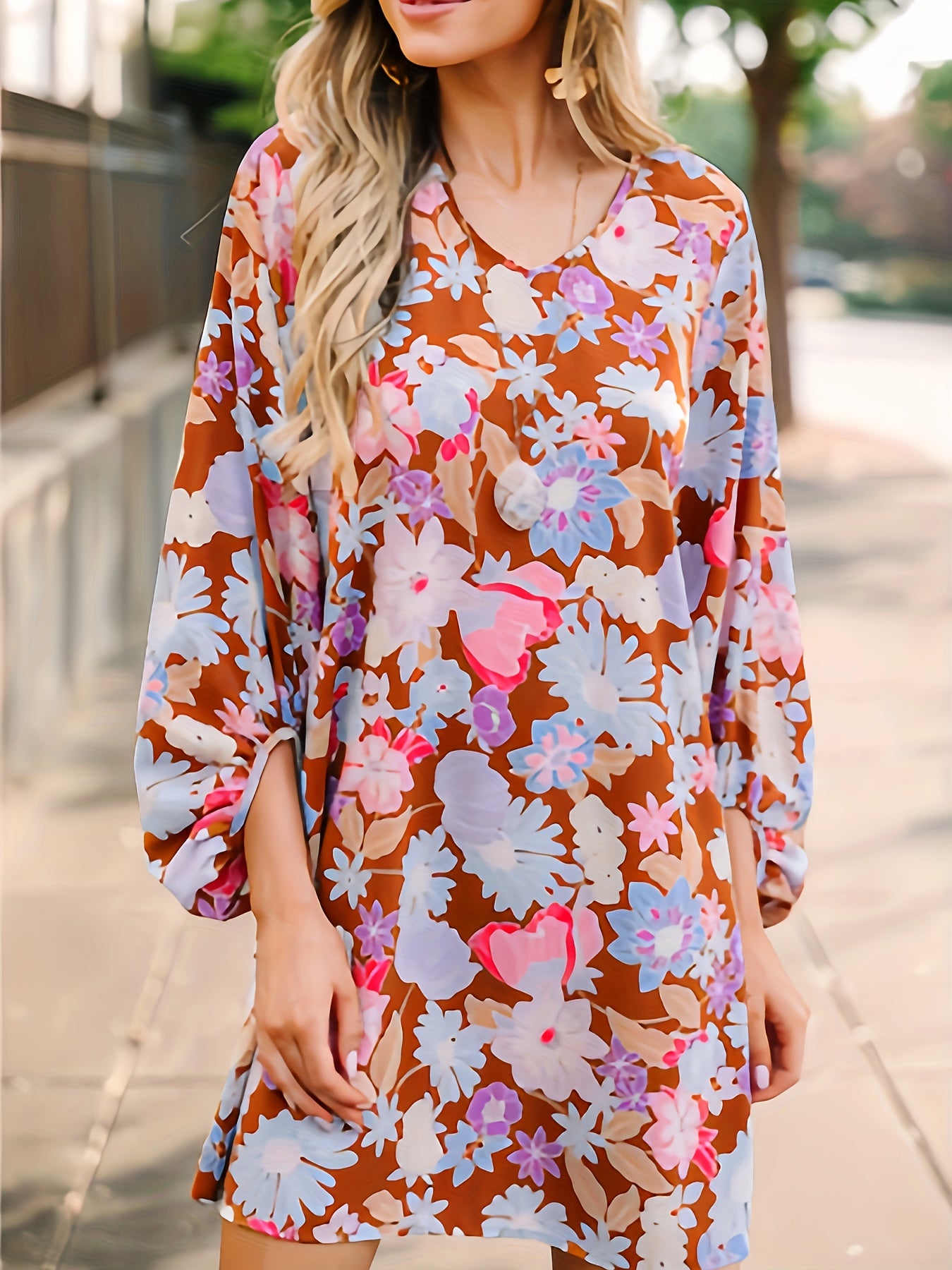 Floral Print Lantern Sleeve V Neck Midi Dress