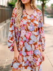 Floral Print Lantern Sleeve V Neck Midi Dress