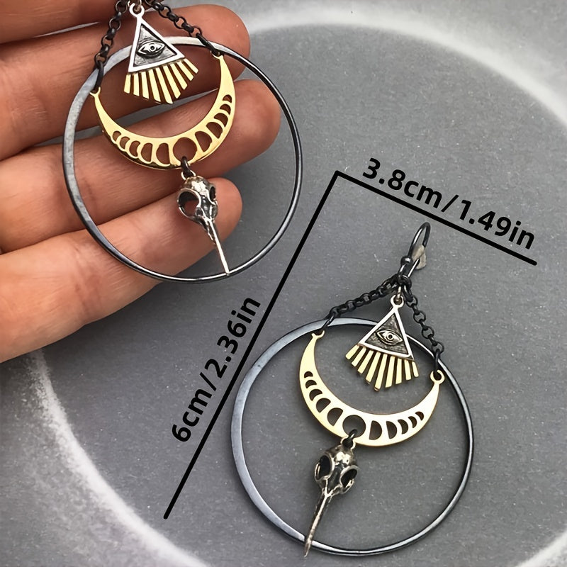 Vintage Moon Crow Evil Eye Big Hoop Earrings Exaggerated Punk Earrings