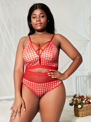  Gingham Print Crisscross Bra & Mesh Panty Set