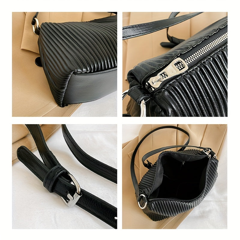 Solid Ruched Crossbody Bag Underarm Bag Zipper