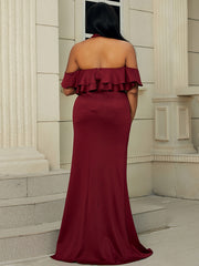  Contrast Mesh Off Shoulder Ruffle Trim Maxi Dress