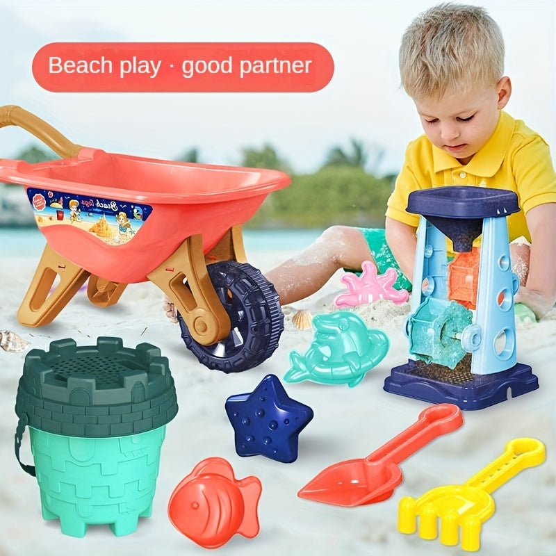 Kids Beach Toy Set with Shovel, Barrel, Cart & Hourglass