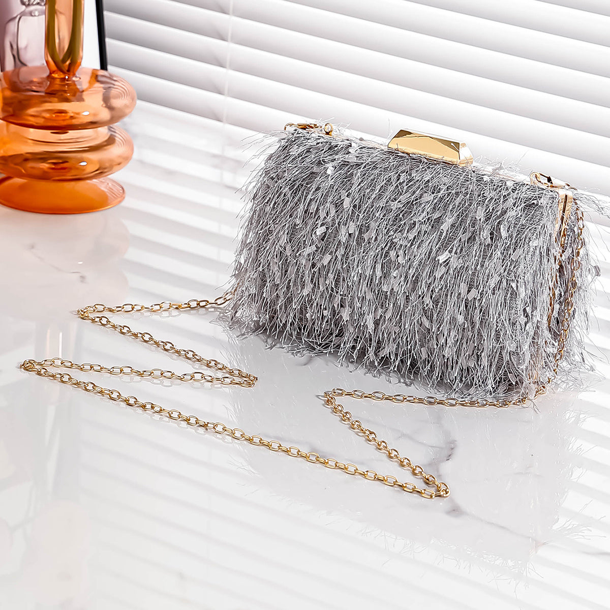 Glitter Tassel Chain Clutch Frame Purse Evening Bag