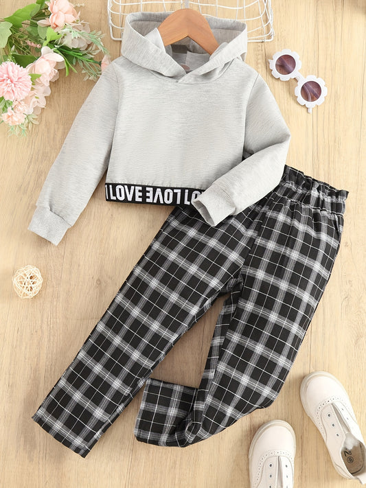 Girl's LOVE Hoodie & Plaid Pants Set for Spring Fall