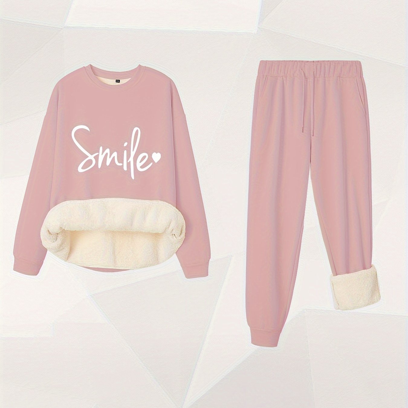  Letter & Heart Print Crew Neck Fleece Top & Joggers Outfit