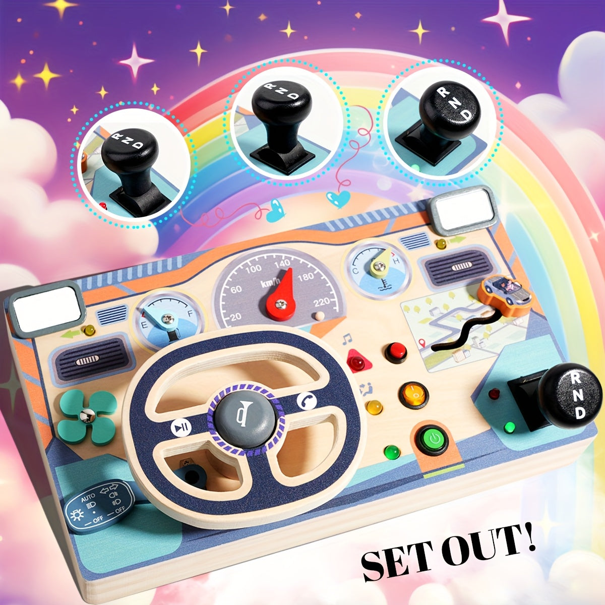 Wooden Busy Board Sensory Toys with Light Switch Steering Wheel