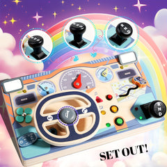 Wooden Busy Board Sensory Toys with Light Switch Steering Wheel