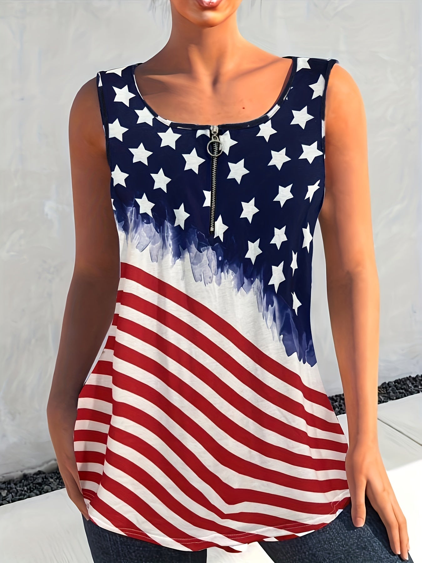 Women's Plus Flag Pattern Tank Top Medium Stretch Zipper