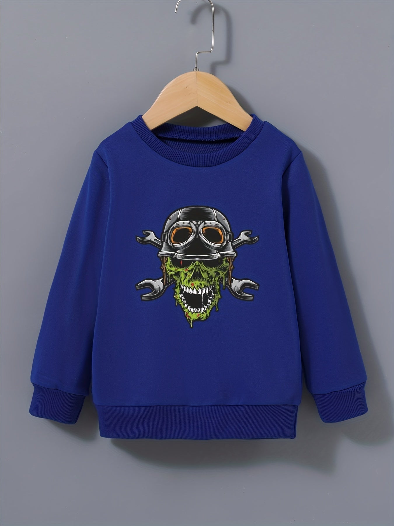 Boys Sweatshirt Helmet Skull Print Long Sleeve Pullover Top