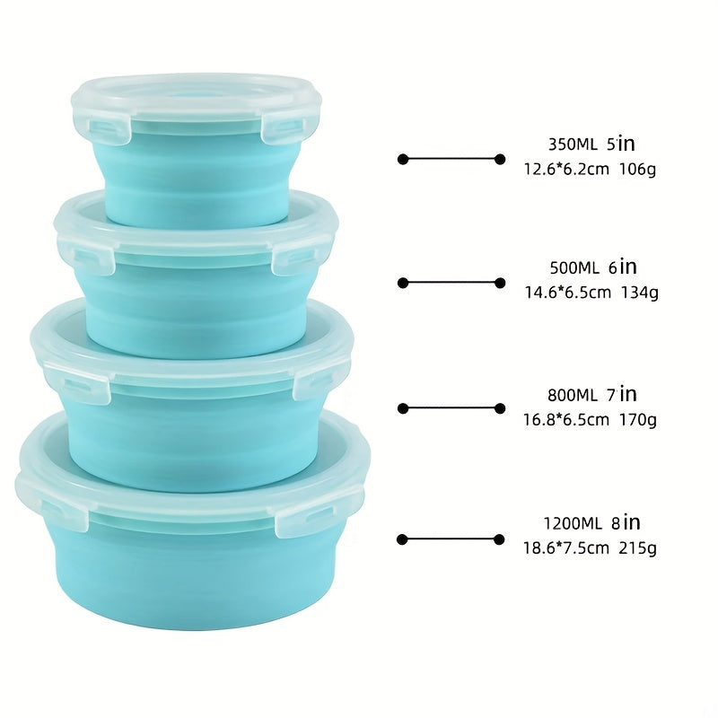 4pcs Silicone Insulated Lunch Box Collapsible Portable BPA Round Bento Leakproof