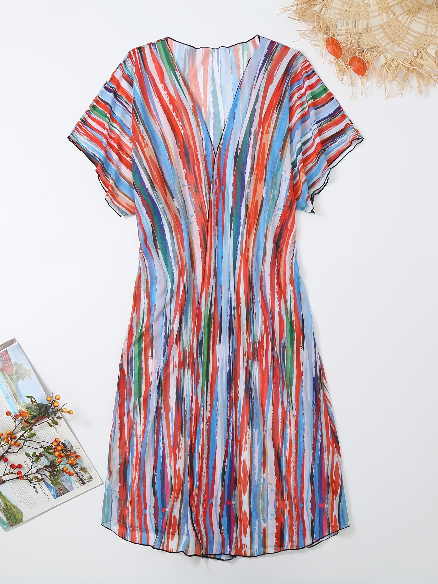 Striped Graffiti Sheer Kaftan V Neck Cover Up Dress Beachwear Kimono
