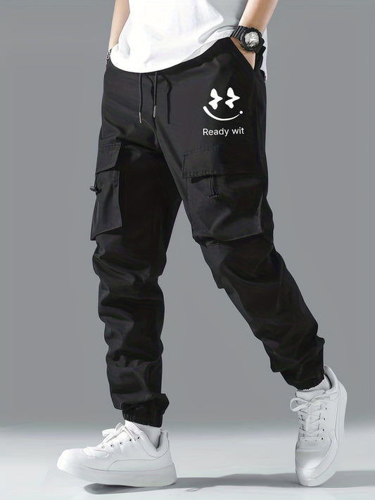 Smile Print Cargo Pants Men s Flap Pocket Trousers Loose Casual Outdoor Pants