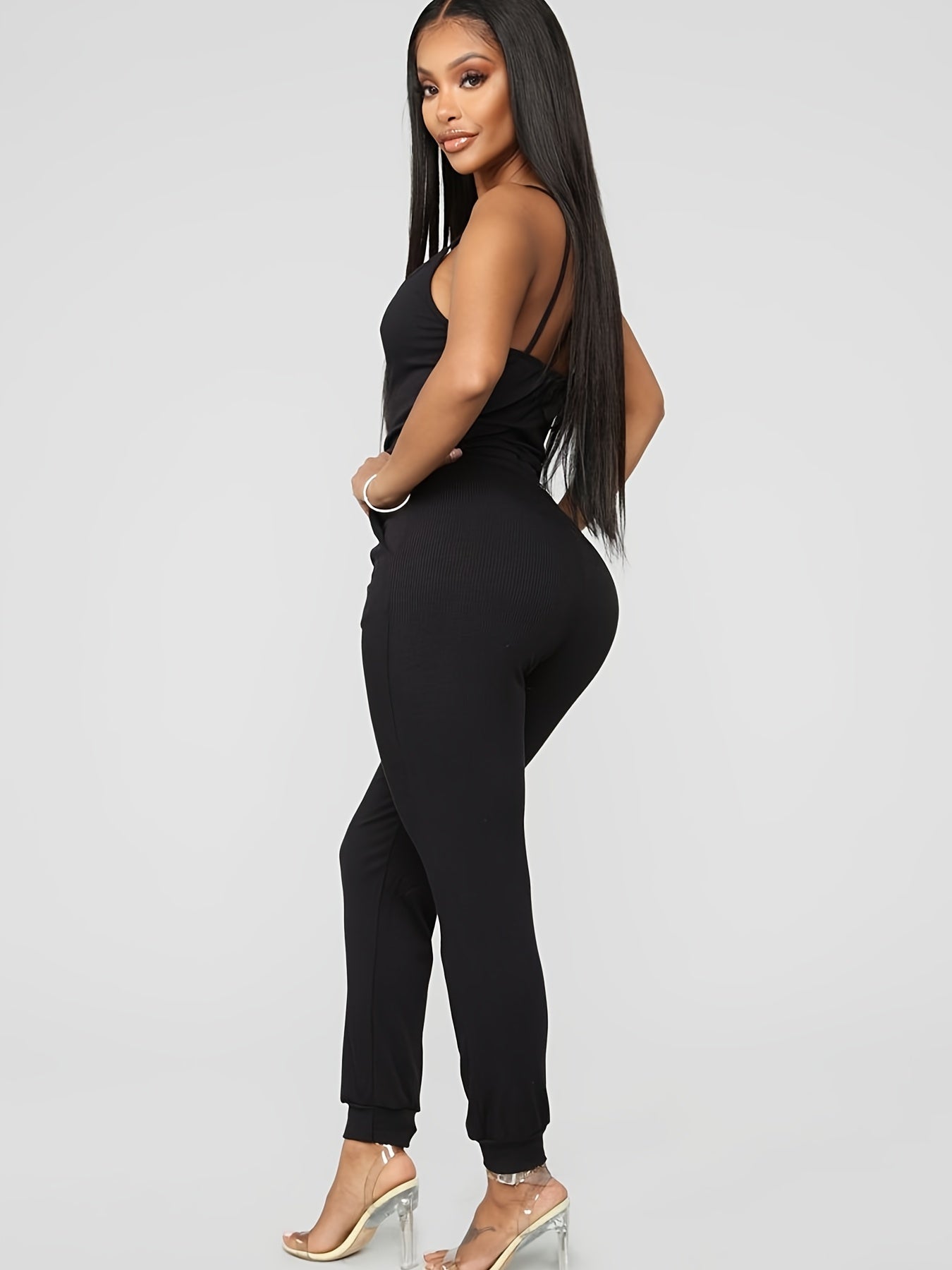 Sexy Spaghetti Jumpsuit Drawstring Solid Long Length