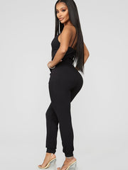 Sexy Spaghetti Jumpsuit Drawstring Solid Long Length