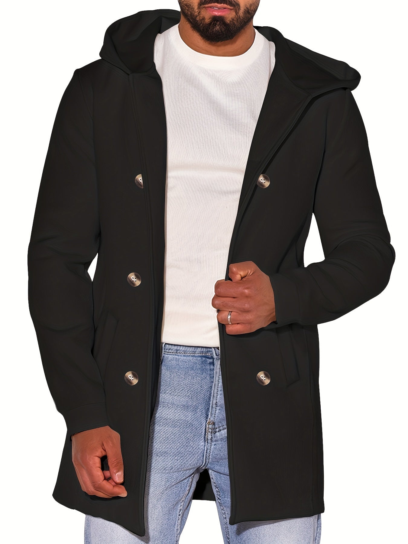 Men's Solid Button Hooded Jacket Thick Thermal Comfy Jacket