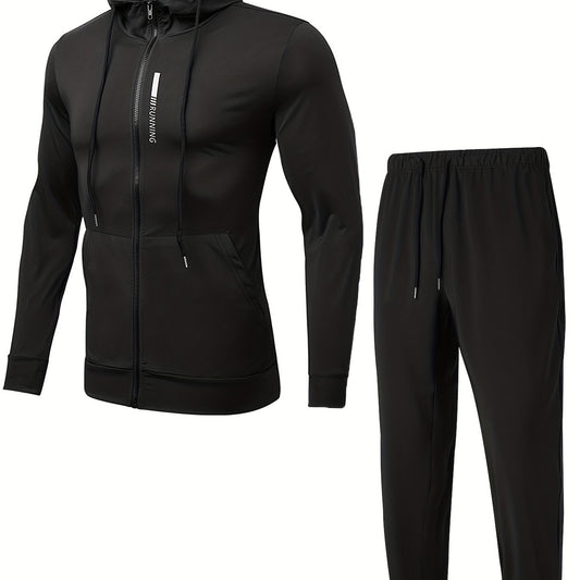 Men's Sports Suit Zip Hooded Jacket & Stretch Pants for Gym Workouts
