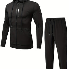 Men's Sports Suit Zip Hooded Jacket & Stretch Pants for Gym Workouts