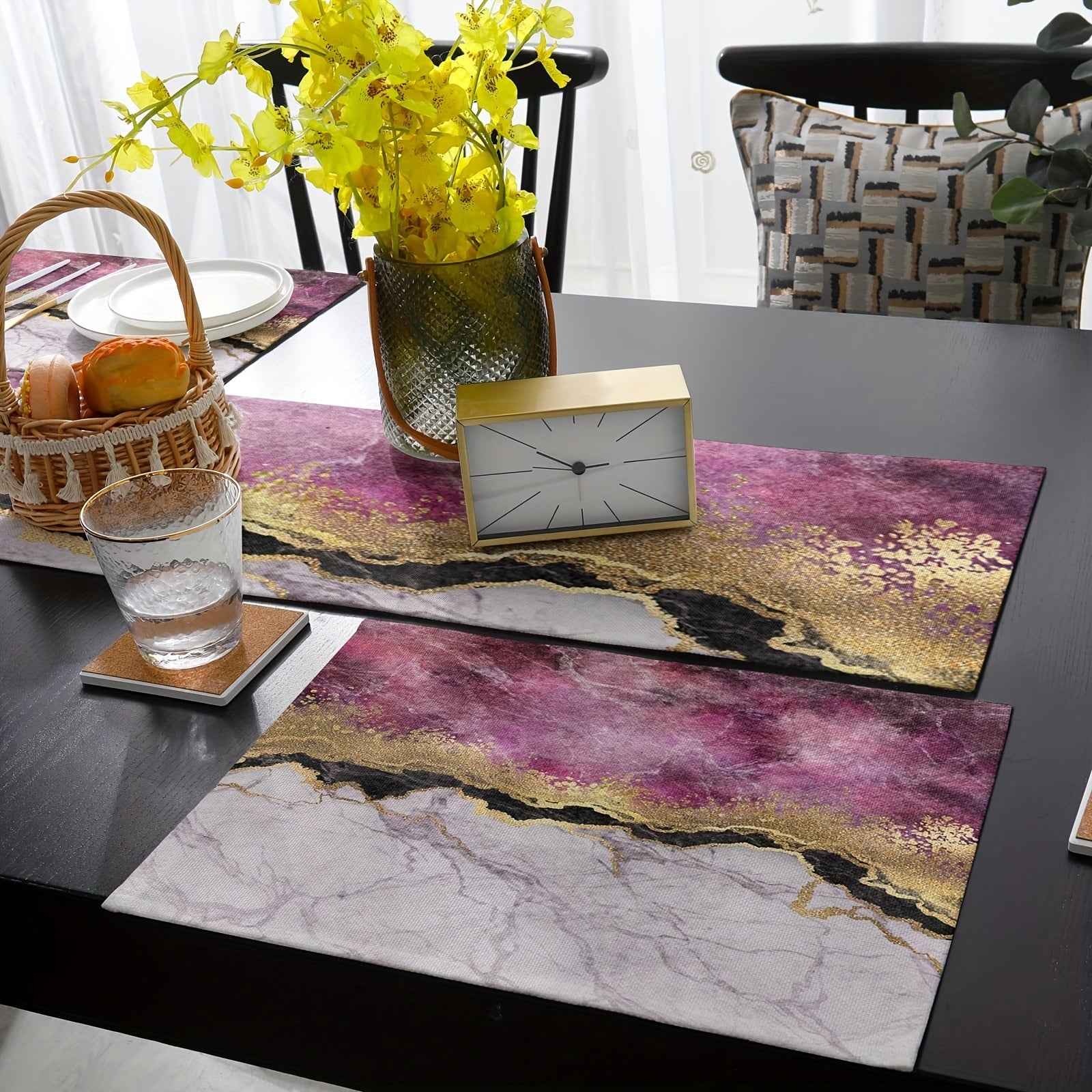 Marble Texture Purple Golden Lines Table Runner 13x72 Inch
