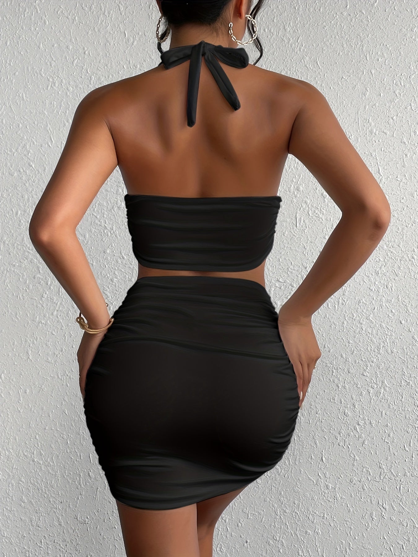 Solid Slim Two piece Skirt Set Halter Neck Backless Top & Ruched Body Con Skirt