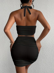 Solid Slim Two piece Skirt Set Halter Neck Backless Top & Ruched Body Con Skirt