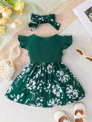 Baby Girls Casual Floral Print Dress & Headband Set