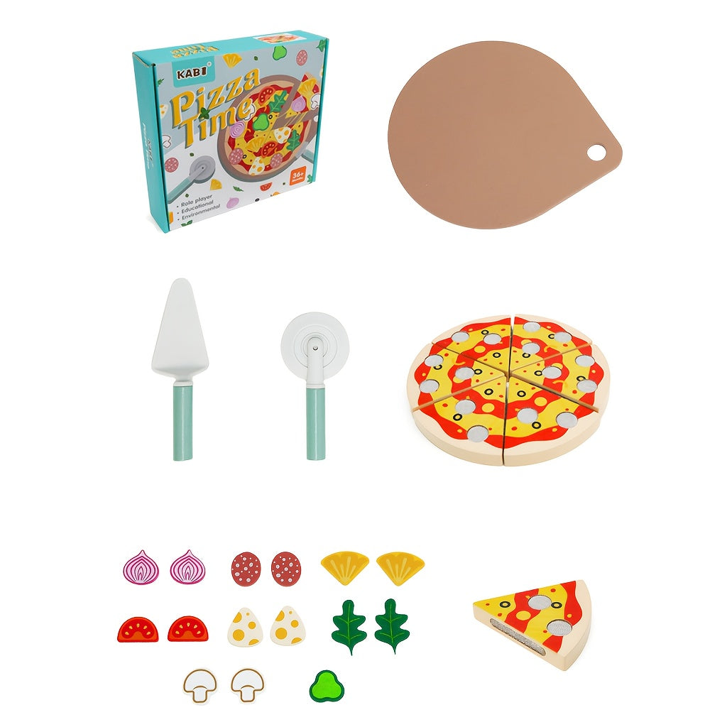 Wooden Pizza Pretend Play Toy DIY Slicing & Sticking Game with Magic Tape