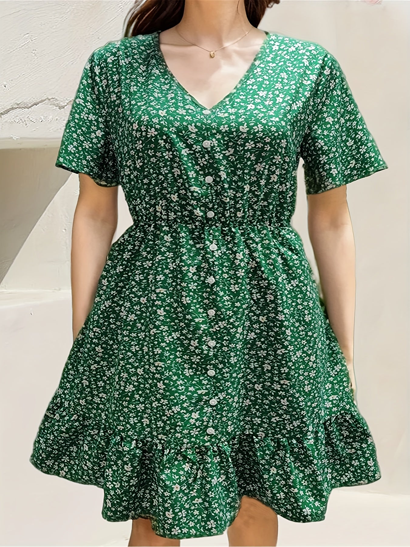  Ditsy Print Button Decor V Neck Mini Dress