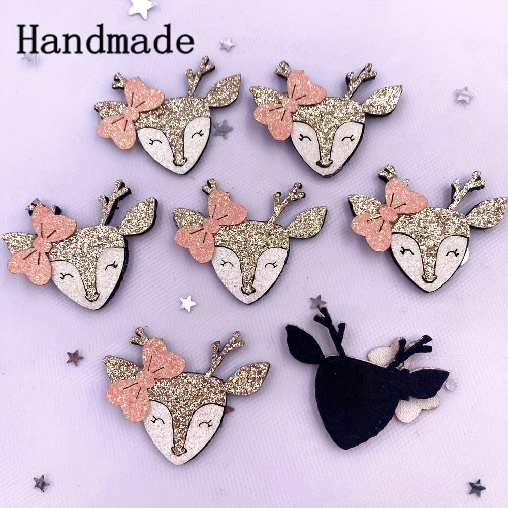 6pcs Glitter Cartoon Deer Patchs Appliques DIY Hair Bow Crafts Supplies