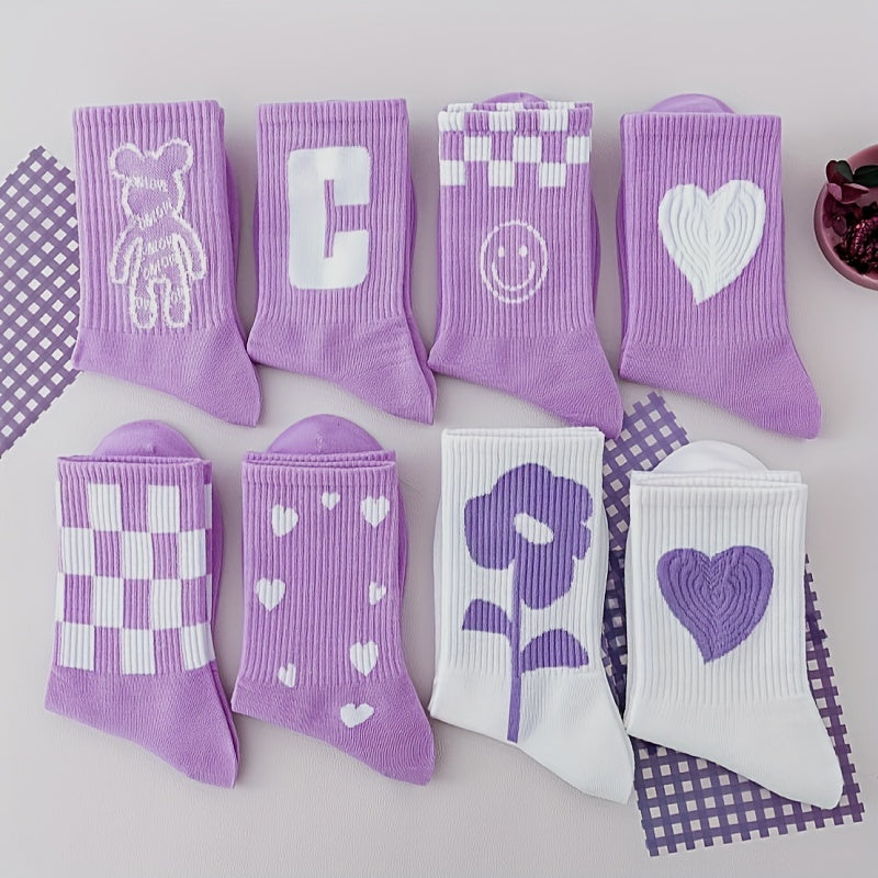 8 Pairs Heart Print Socks Comfy & Breathable All match Socks