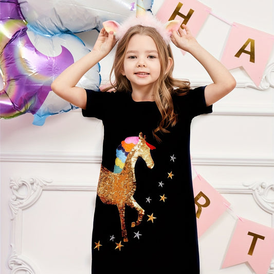 Rainbow Horse Embroidered Short Sleeve Dress