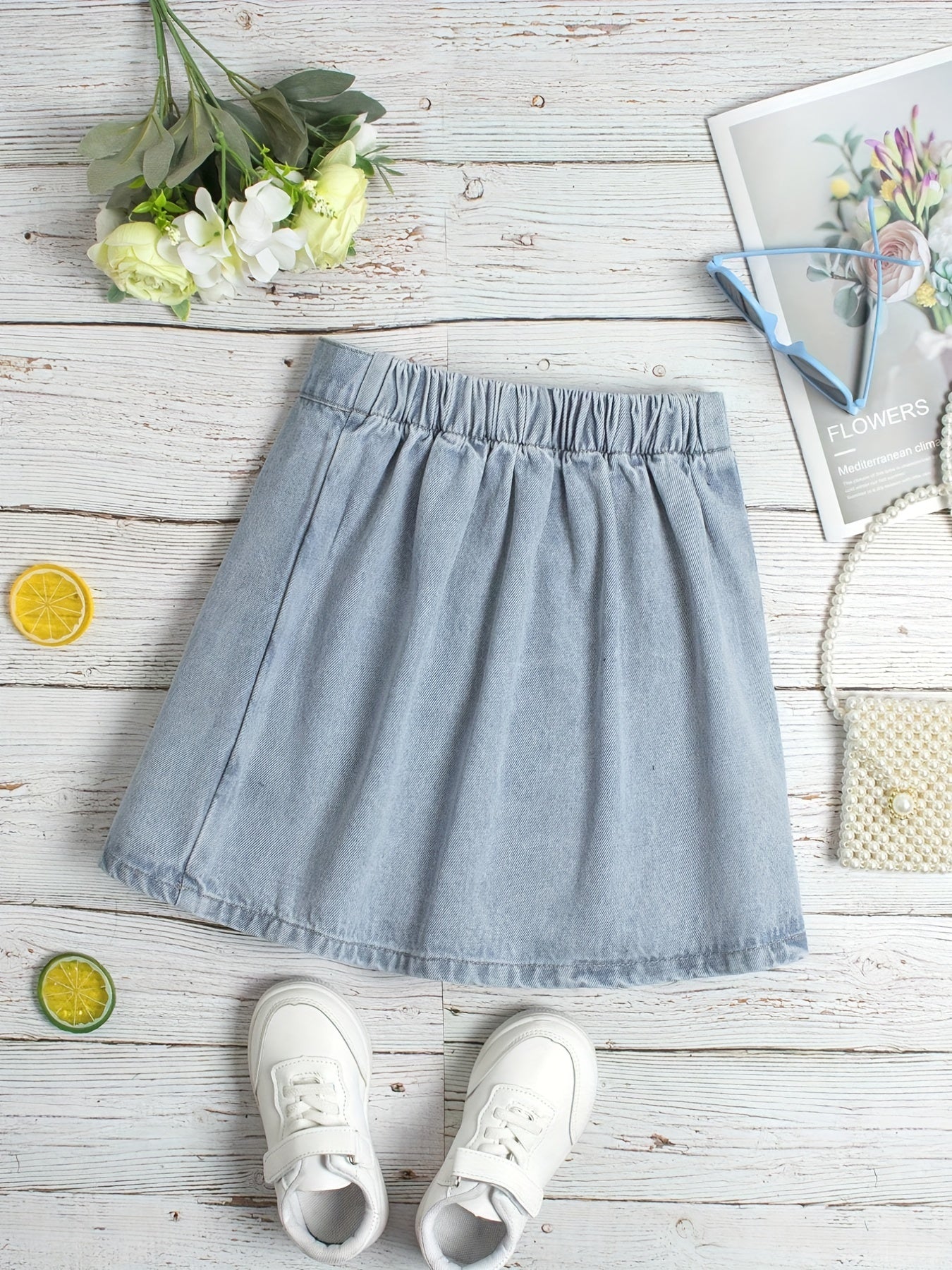 Girls Summer Denim Skirt with Button Decor