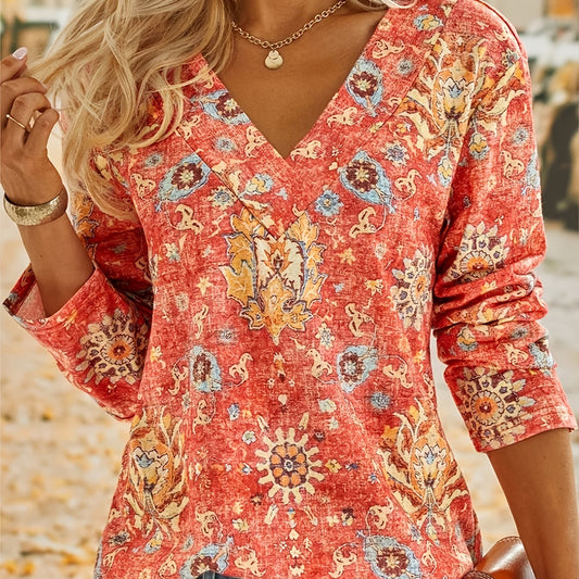 Floral Print V Neck Sweatshirt Long Sleeve Casual Top
