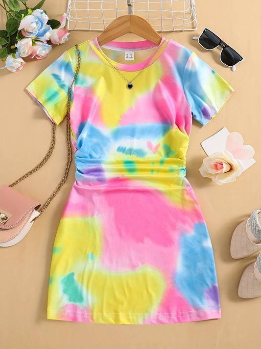Kid Girls' Tie Dye Print Short Sleeve T Shirt Dress