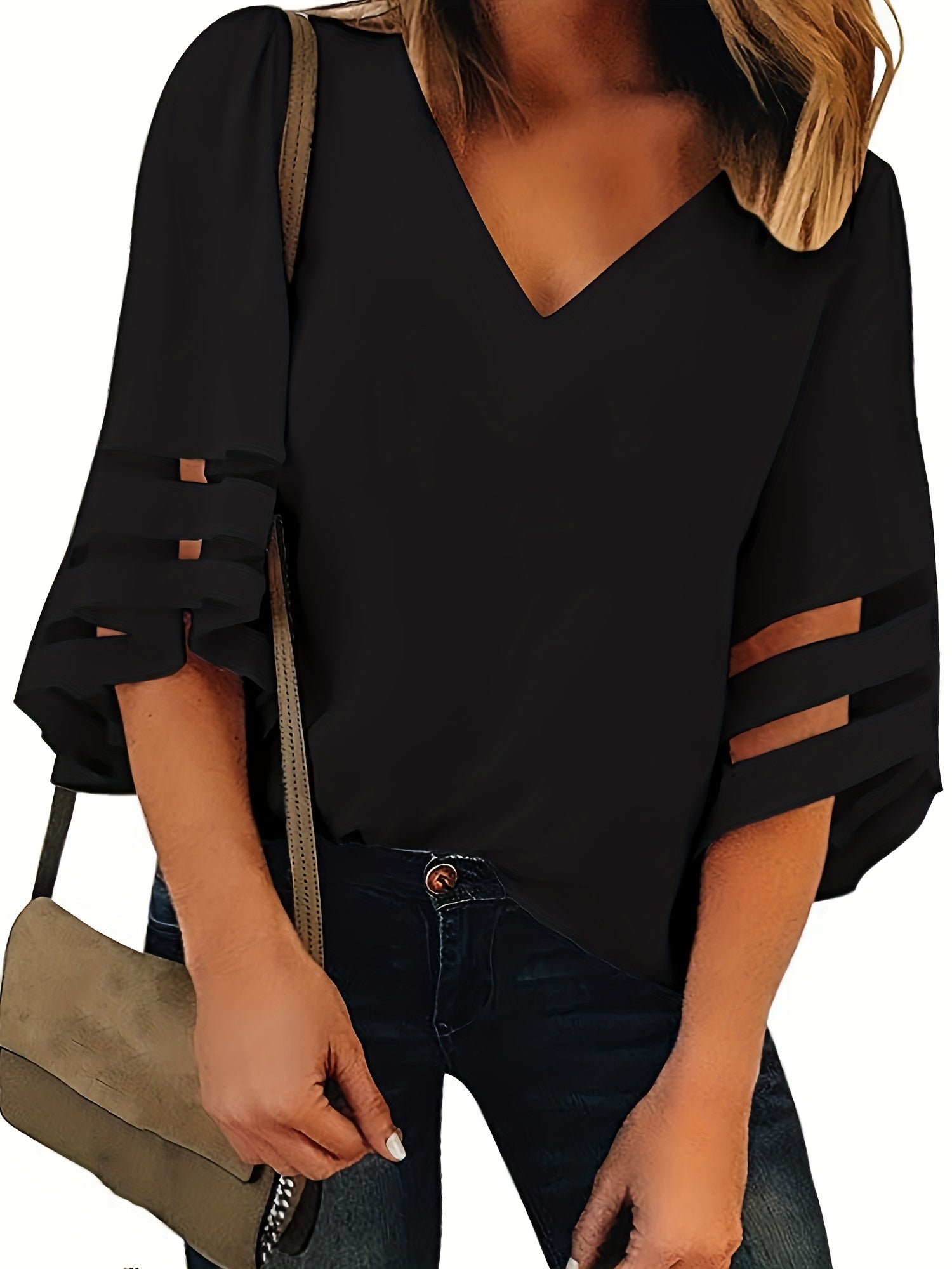 Bell Sleeve Mesh V Neck Tee