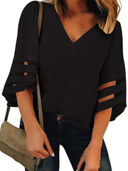  Bell Sleeve Mesh V Neck Tee
