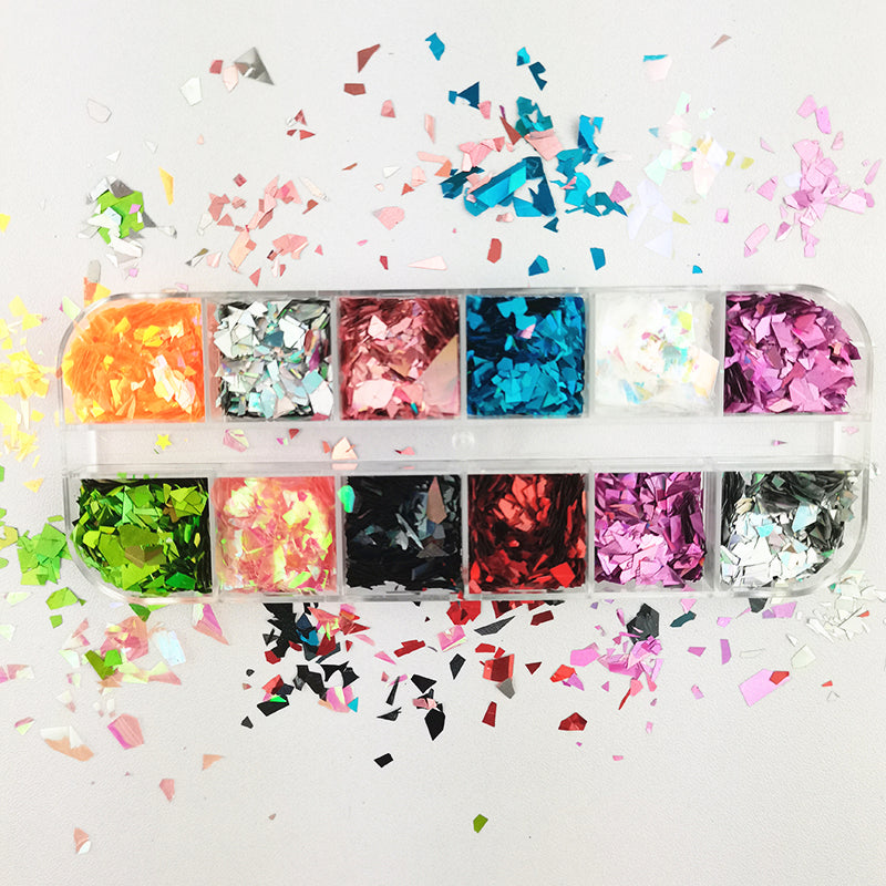 12 Grids Holographic Nail Glitter Flakes for 3D Nail Art