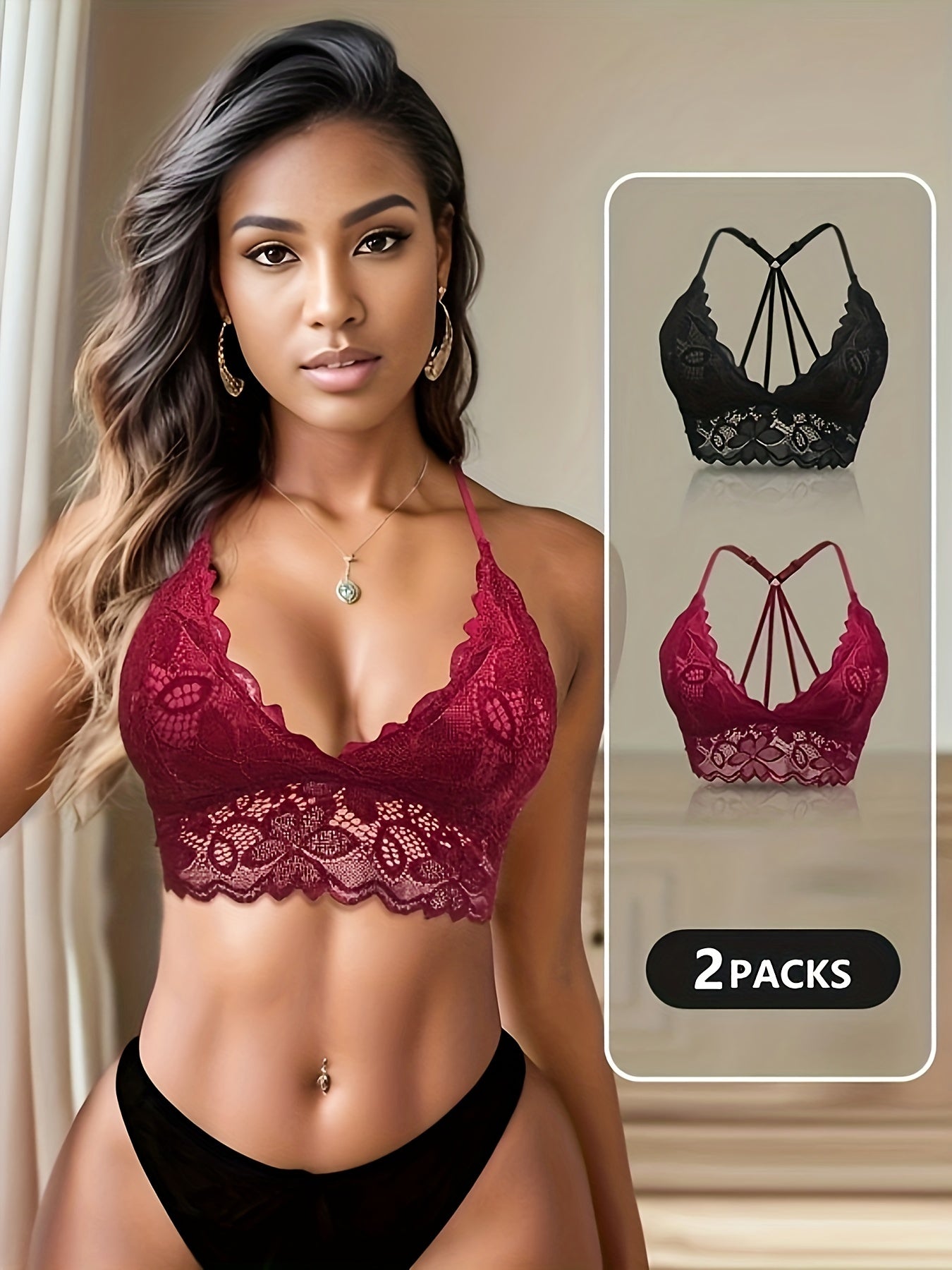 2pcs Lace Wireless Bras Floral Scallop Trim Comfy Women's Lingerie