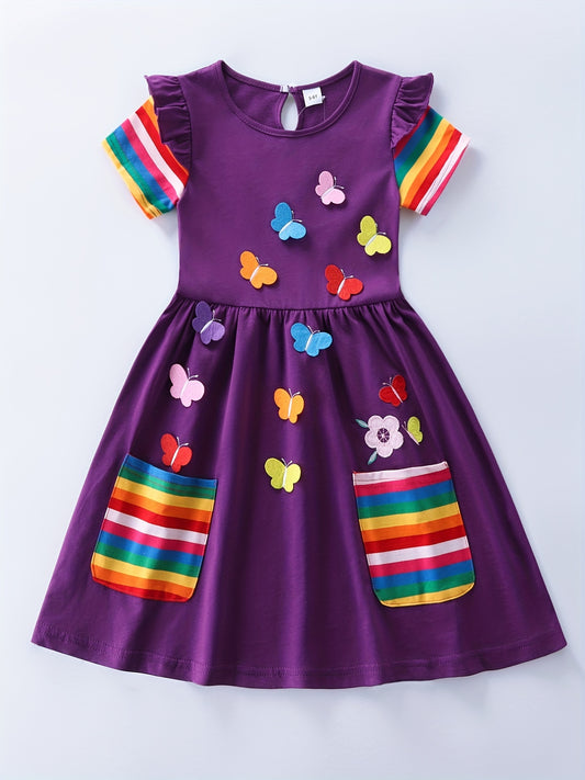 Girls Ruffles Butterfly Embroidery Rainbow Cotton Dress