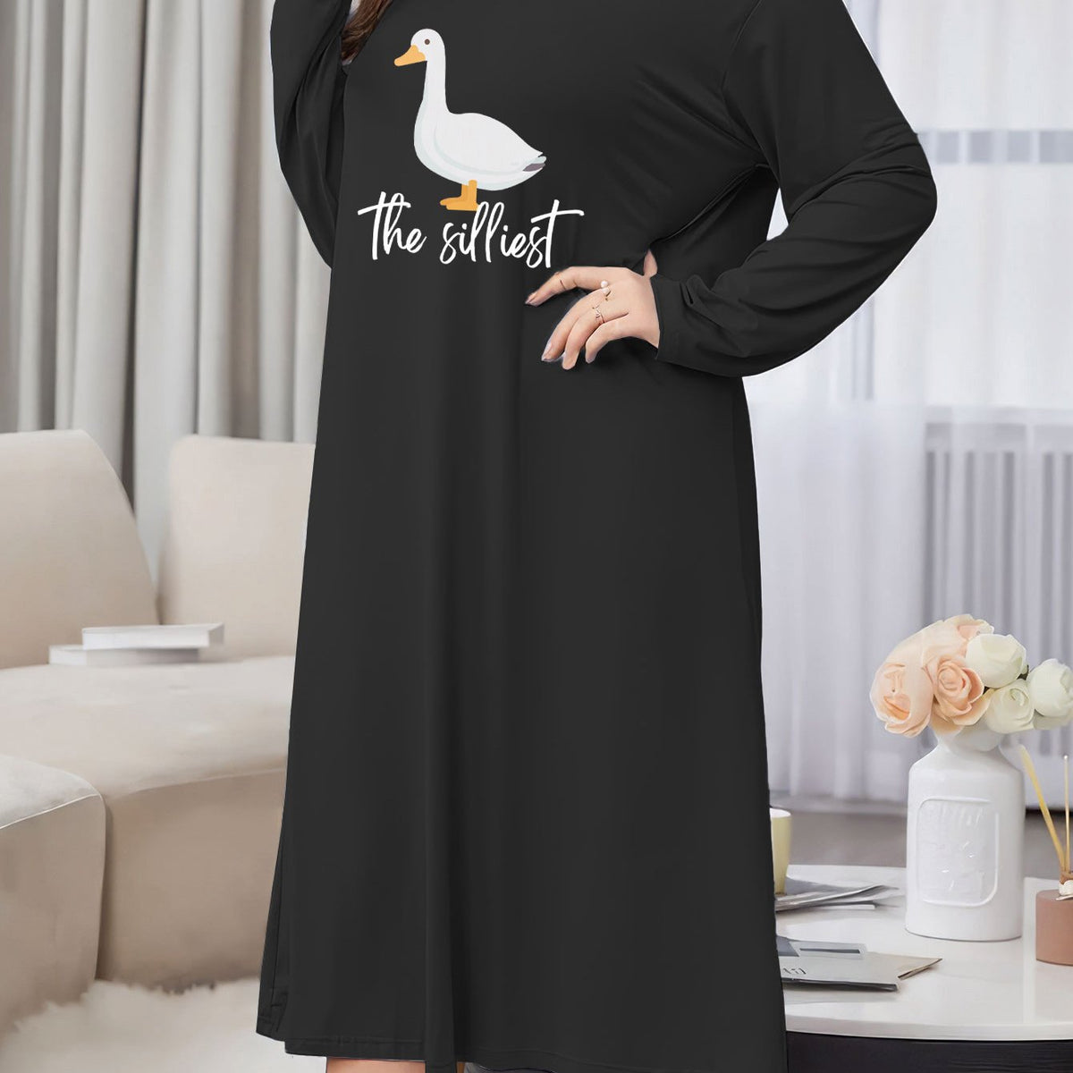 Plus Size Lounge Dress Women's Plus Goose & Letter Print Tee Sleep Dress