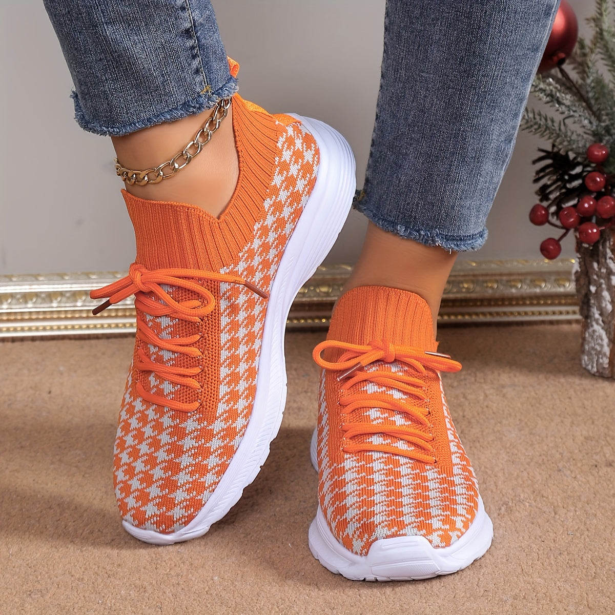 Women's Houndstooth Lace-up Sneakers Lightweight Sports Outdoor Shoes