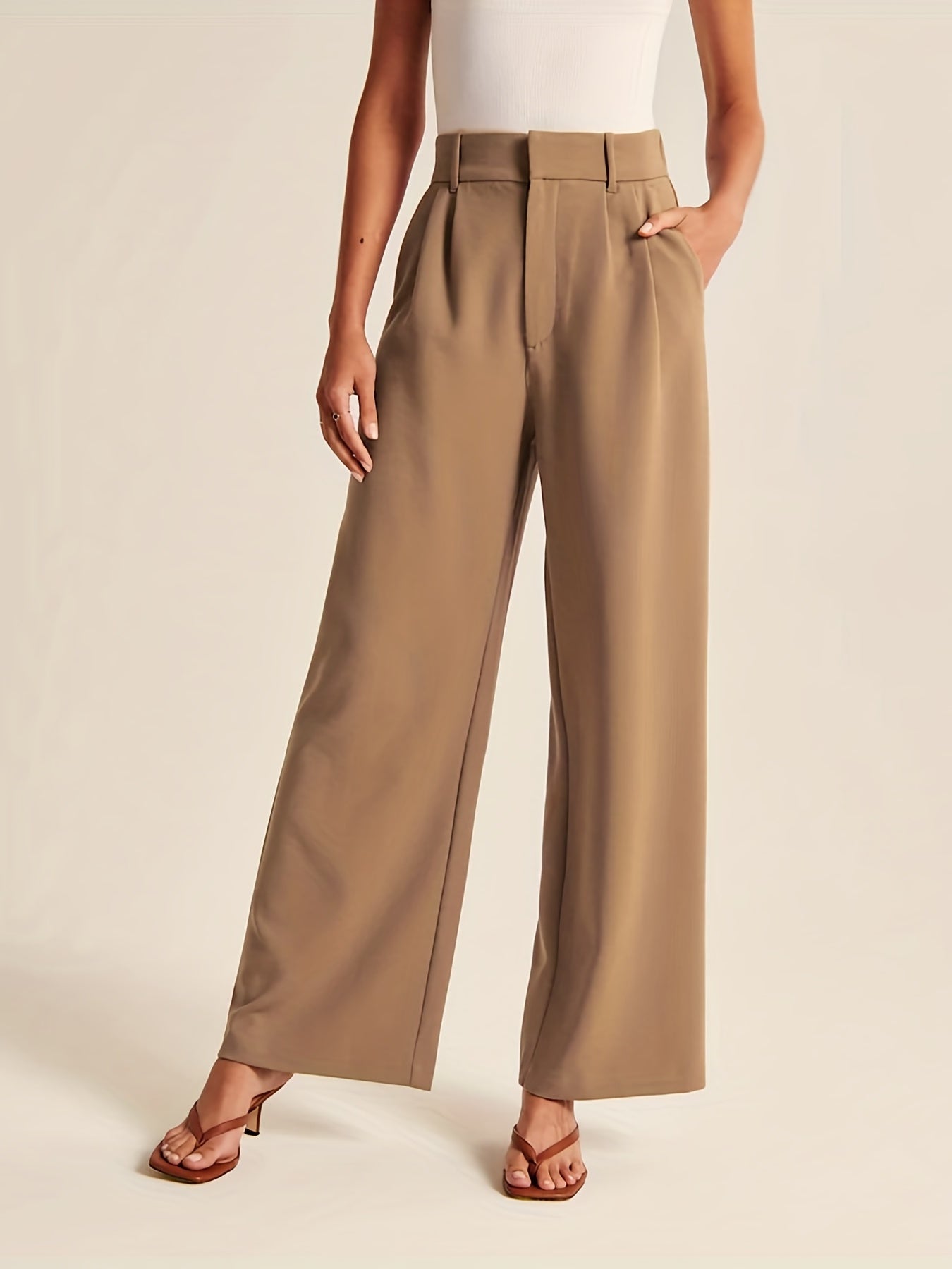  Solid High Rise Wide Leg Trousers With Pockets
