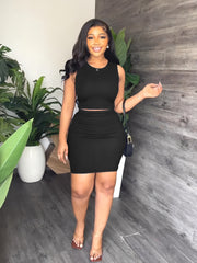 Solid Skirt 2 Piece Set Casual Crew Neck Tank Top & Bodycon Skirt