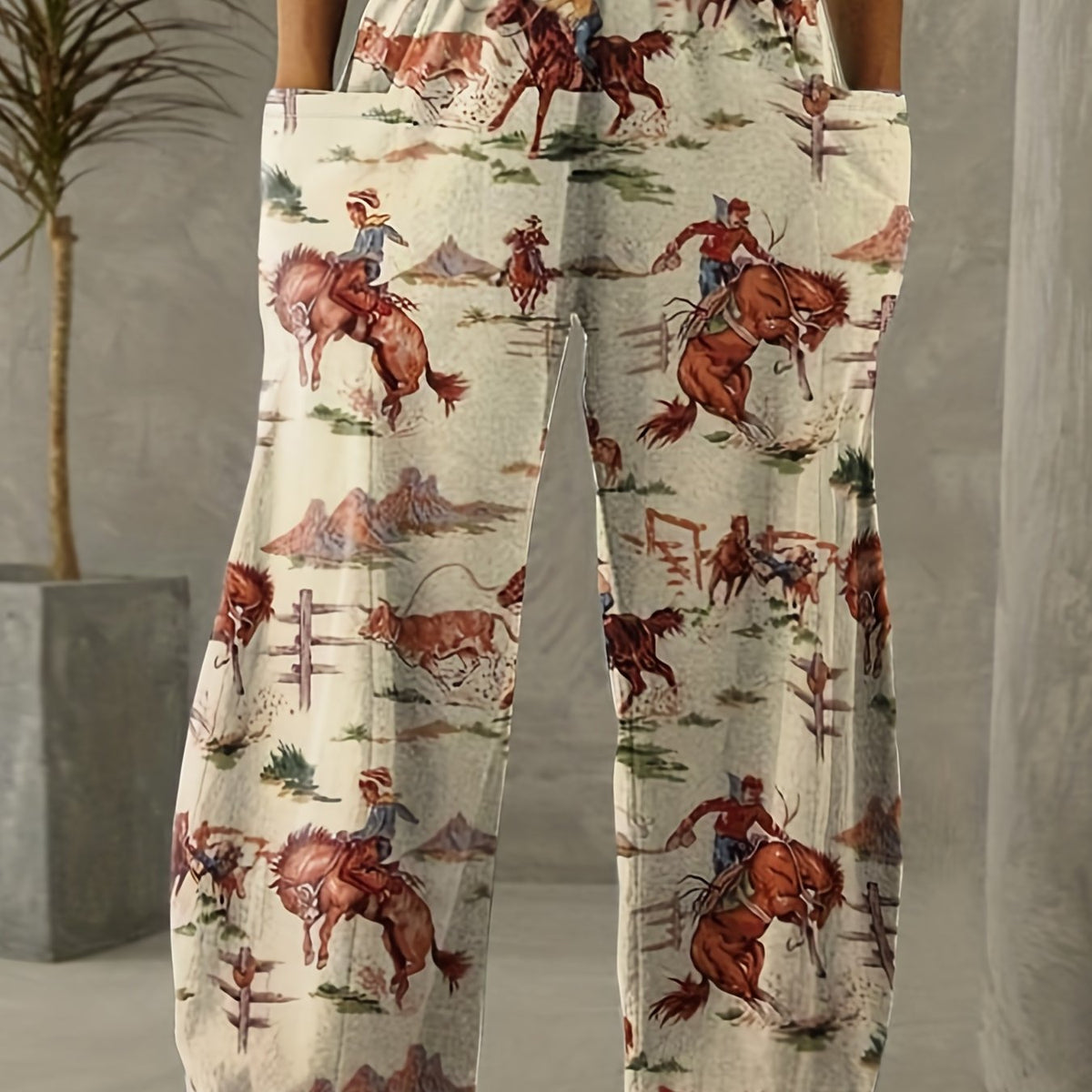 Western Style Plus Size Cartoon Print Wide Leg Pants