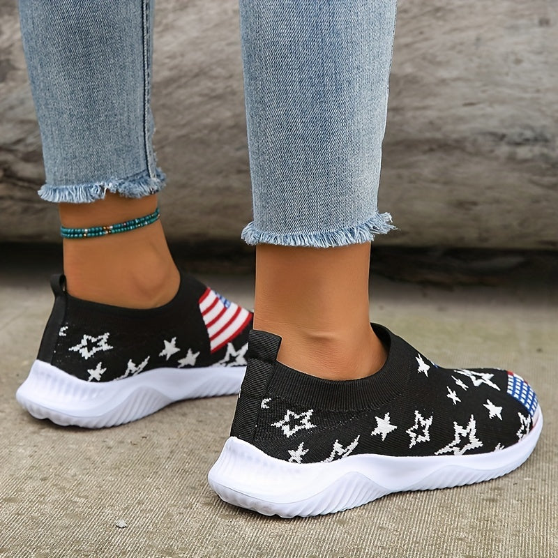 Women's Flag Pattern Knit Slip-On Sneakers Low Round Toe Non-Slip Shoes