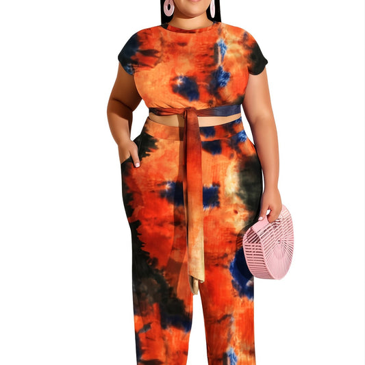  Tie Dye Knot Front Crop Top & Sweatpants Set Women's Plus