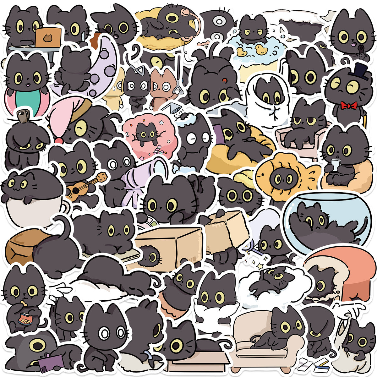 50pcs Cat Cartoon Stickers for Luggage Guitar Skateboard, Fun Vinyl Decoration