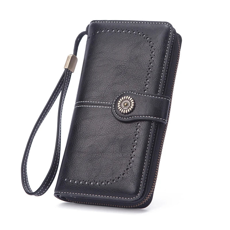 Vintage Hollow Women Wallet Money Clip Leather Clutch Retro Female Long Purse